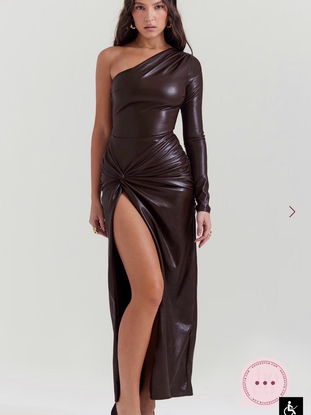 House of CB Octavia Cocoa One-Shoulder Faux-Leather Vegan Maxi Dress